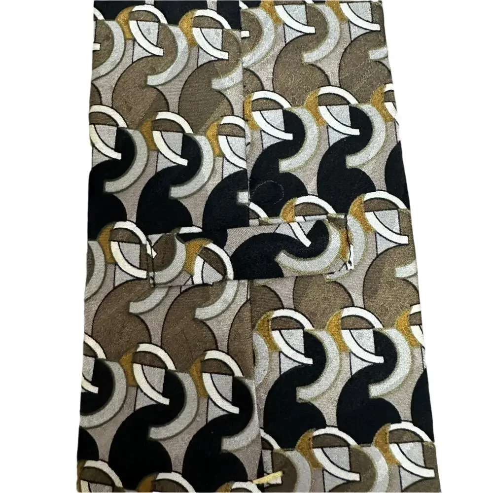 Vintage Oscar de la Renta 100% Silk Tie Geometric Pattern Black Gold Brown USA